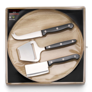 Tabla de madera con 3 cuchillos para queso